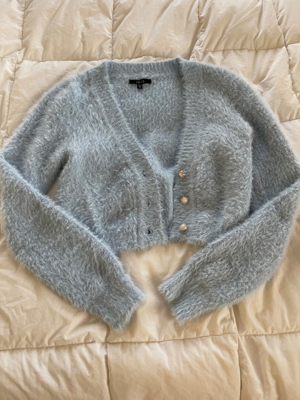 iris Soft Fuzzy Cropped Cardigan in Pale Blue with Pearl Buttons